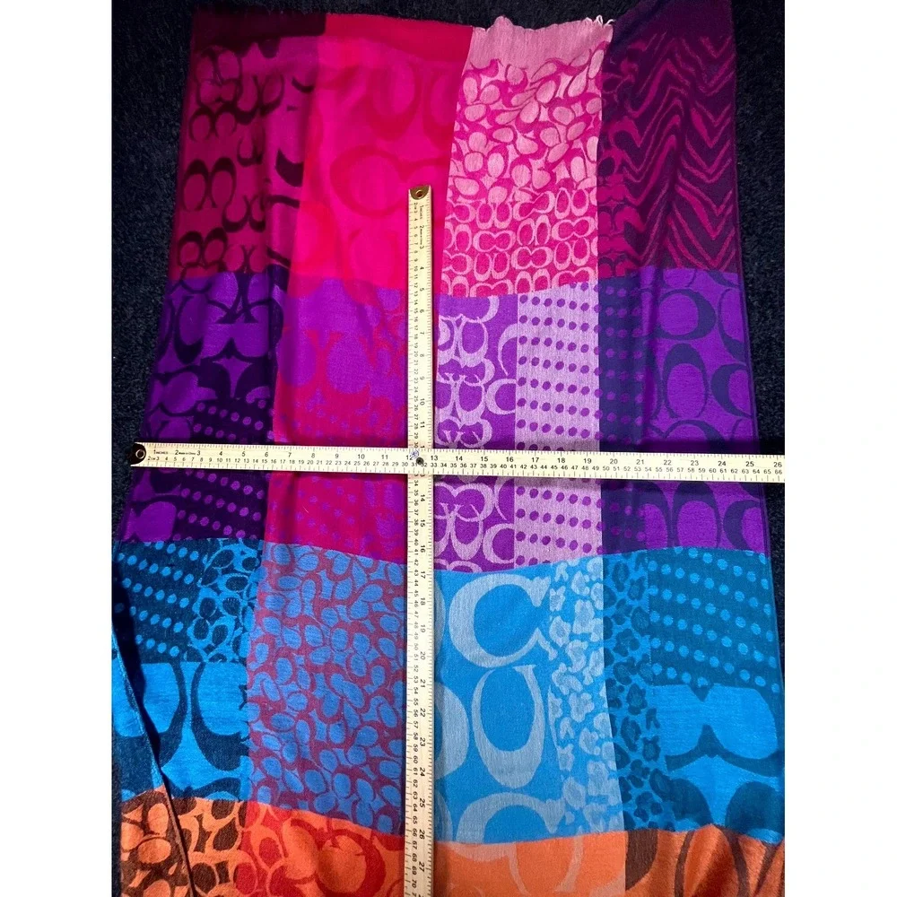 Y2K Coach Scarf Womens Multicolor Patchwork Signature Logo Fringe Trim Thermal
